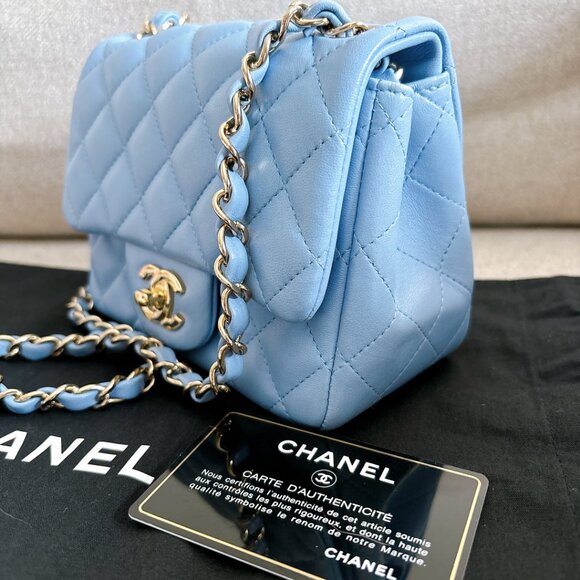 98% NEW CHANEL LAMB SKIN BABY BLUE SQUARE FLAP BAG - Picture 13 of 15